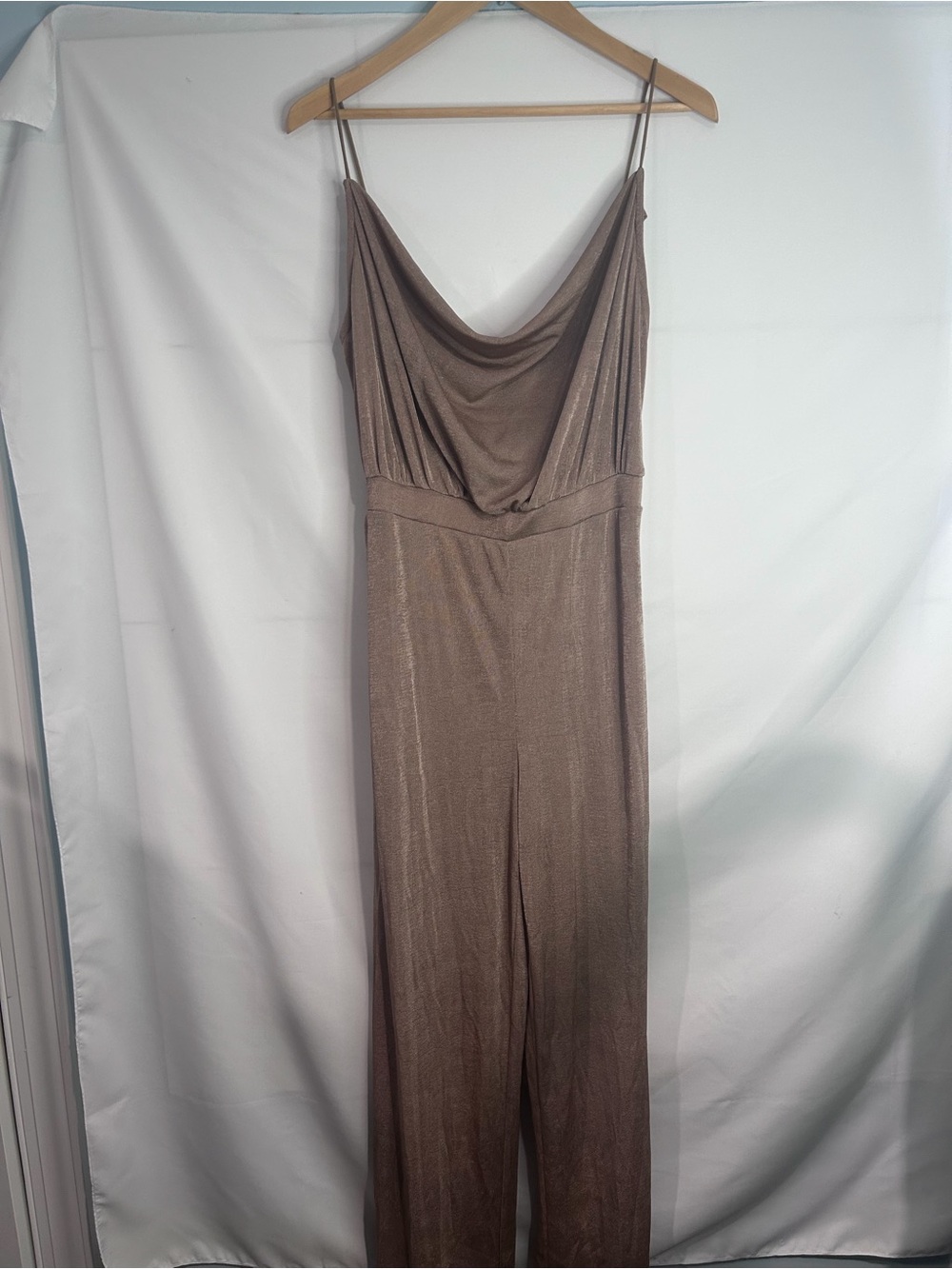 SHEIN Metallic Taupe Cowl-Neck Wide-Leg Jumpsuit